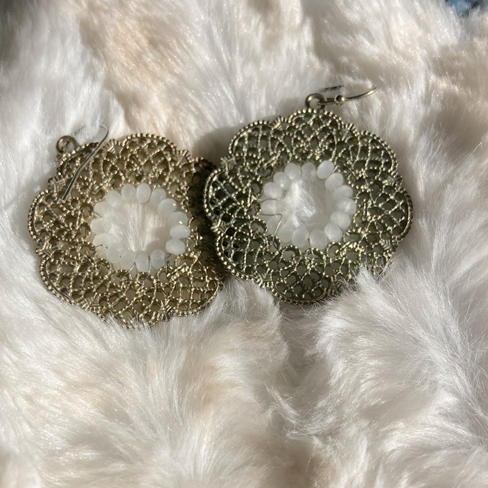 Antique gold-colored lattice earrings with wire wrapped, white faceted beads
